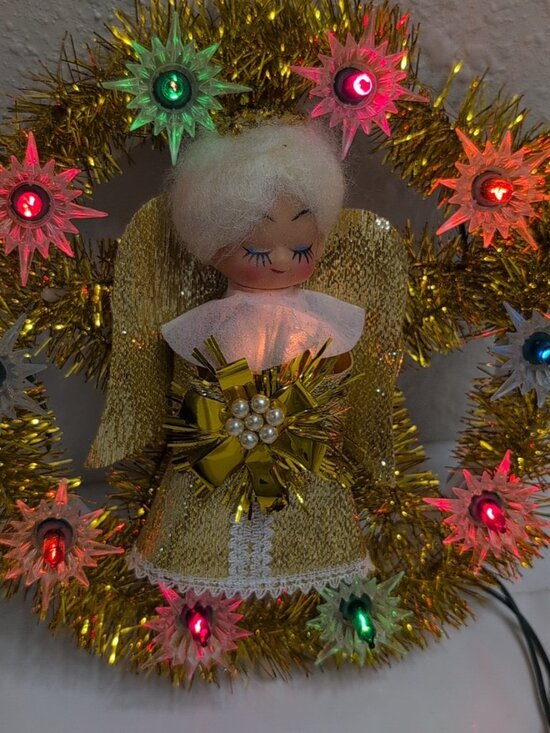 Other - Vintage Light Up Angel Wreath Gold Tinsel Flashing Lights Retro Christmas 7”